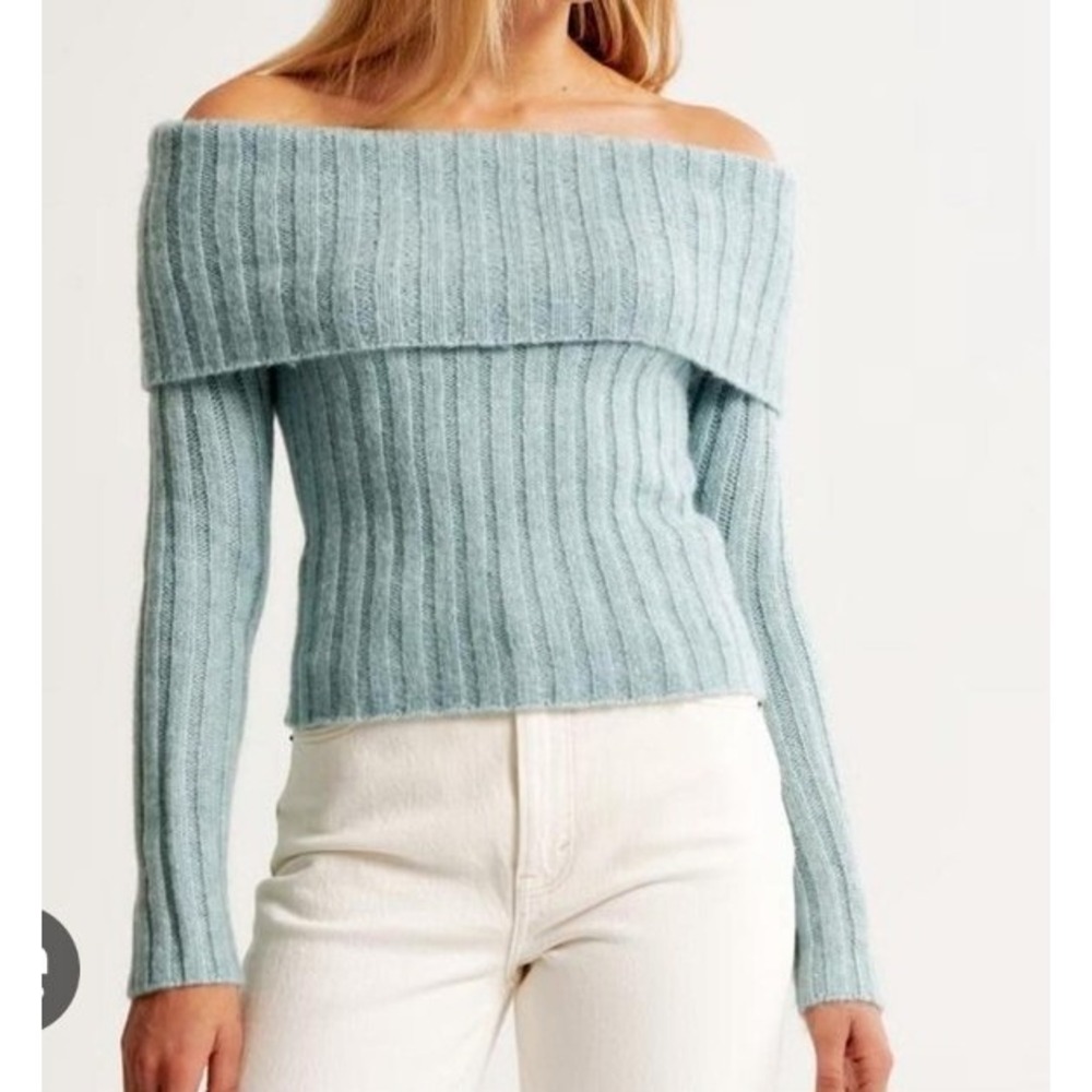 Abercrombie Off The Shoulder Ribbed Sweater pale ice blue Women SZ XL balletcore